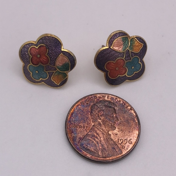 VTG Purple Background Floral Enamel Earrings Cloisonné Yellow Green Blue - Picture 8 of 9
